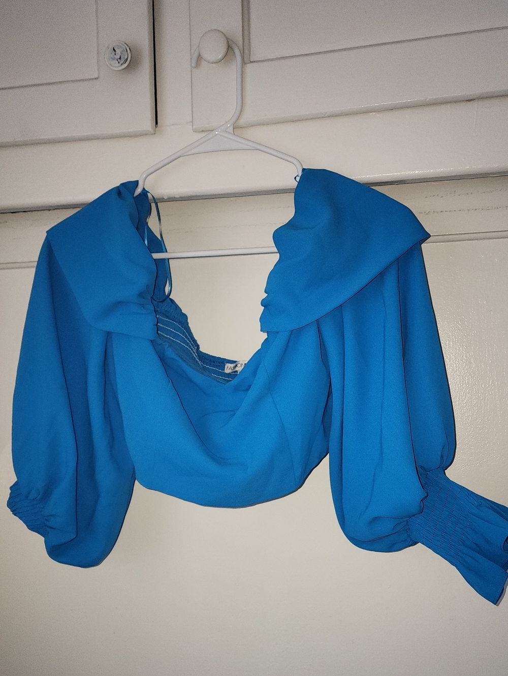 Fashion Nova Bright Blue Puff Sleeve Off-Shoulder Crop Top